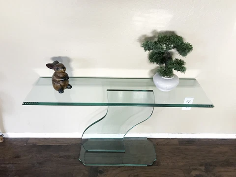 Vintage ALL GLASS Side Entry Console Table - Beveled Green Glass - Mid Century Cover