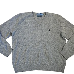 Polo Ralph Lauren Lambs Wool Sweater Men XXL V-Neck Pullover Gray Vintage - Picture 1 of 7