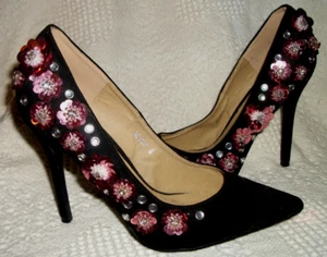 Size 8 Bebo black suede w/pink sequin & rhinestones 4.5" heels stiletto pumps - Picture 1 of 5