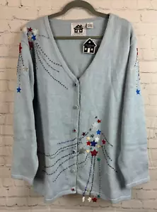 STORYBOOK KNITS ramie cotton light blue embroidered beaded knit cardigan 2X NWT - Picture 1 of 10