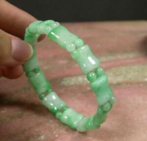 Natural Light Green Jade Rectangle Bamboo Beads Elastic Rope Bangle Bracelet