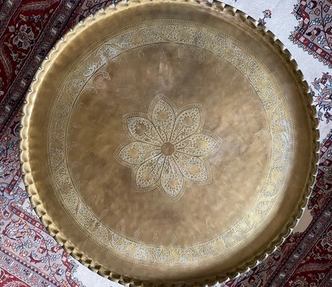 Vintage Indian Style Brass Coffee Table with Curved Legs and Repoussé Brass Top Cover