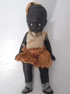 Vintage Japan Bisque 4.5" Doll w/Orange Skirt & Hair Bow - Picture 1 of 11