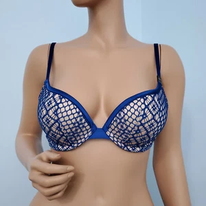 32C NWT Victorias Secret VERY SEXY Push Up Bra Lace Mesh Blue Underwired Padded - Picture 1 of 12