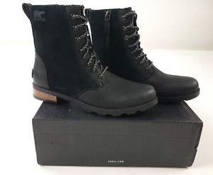 SOREL Womens Emelie Lace Zip Black Combat Boots Waterproof Leather Size 8.5