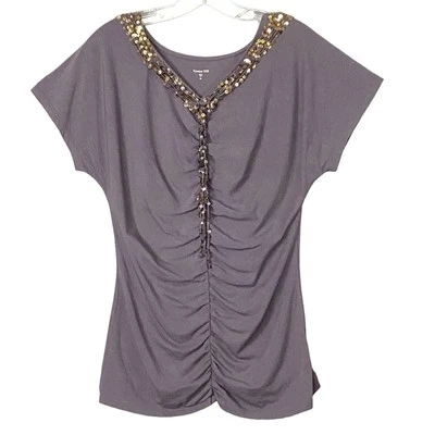 石榴石山衬衫 XS V 领亮片流苏装饰褶皱上衣紫色派对  — 第 1/4 张图片