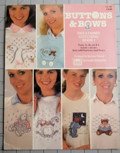 Vintage BUTTONS & BOWS Counted Cross Stitch Leaflet Sweatshirt Stitching - Picture 1 of 2