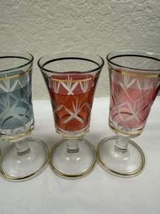 6 - Bohemian Czech Cordials Hand Cut to Clear Glasses - Red Blue Yellow 4” Gold - Picture 1 of 6