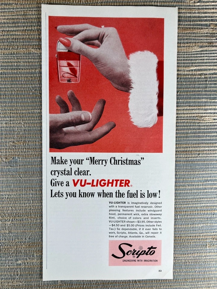 Scripto Vu-Lighter Smoking Merry Christmas Gift Fishing 1964 Vintage Print Ad - Image 1 of 1