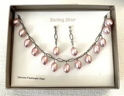 Sterling Silver 925 Fresh Water Pink Pearl Necklace & Dangle Earring Set NIB - Image 1 of 4