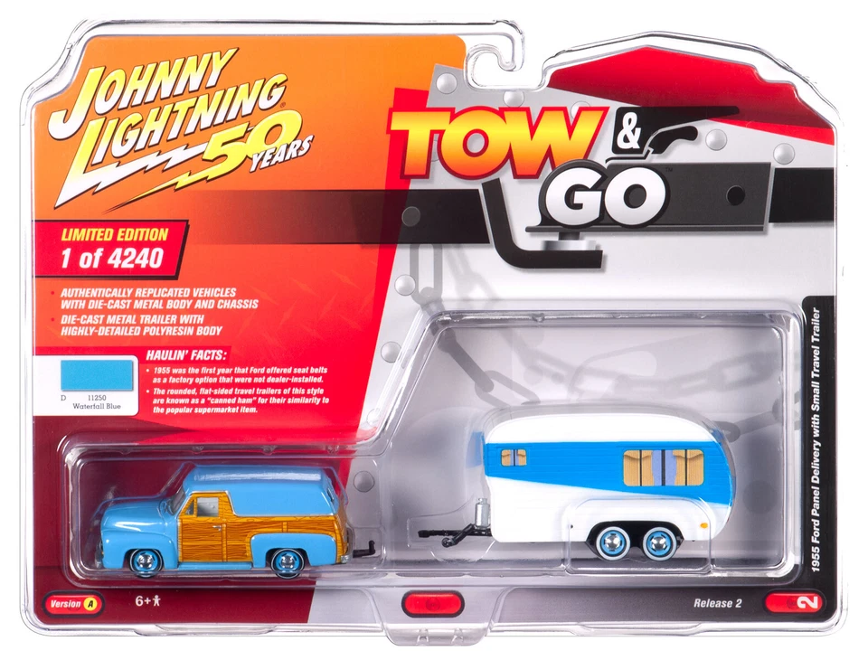 Johnny Lightning *TOW & GO 2A* BLUE 1955 Ford Panel with Camper Trailer NIP! - Image 1 of 1