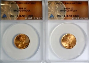 1998 & 1999 ERROR ANACS Broad Struck + CRK SKULL Lincoln Cent NICE BU 2 Coin LOT - Picture 1 of 4