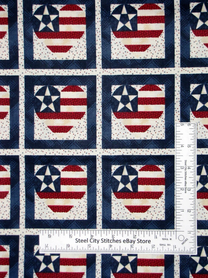 Tela Patriótica Corazón Estrella Rayas Cuadrados Azul Crema Algodón Santee Por Yarda Foto 1 de 1