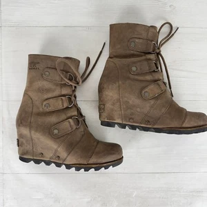SOREL Joan Of Arctic Wedge Boots Size 6.5 Hidden Heel Brown Leather Waterproof - Picture 1 of 13