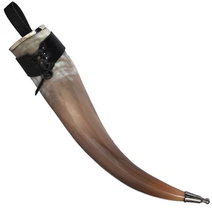 Silver Rim Medieval Drinking Horn 24 oz with Black Leather Holster - Picture 1 of 2