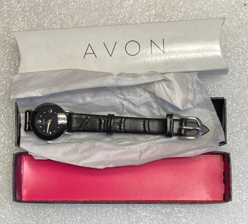 Reloj Avon 2009 con correa de cuero genuino con detalles de diamantes - negro Foto 1 de 1
