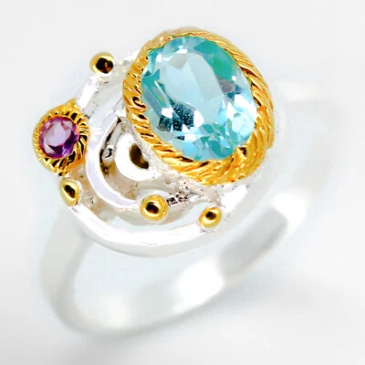 Anillo de plata topacio azul natural regalo joyería hecha a mano 925 esterlina/RVS15 Foto 1 de 4