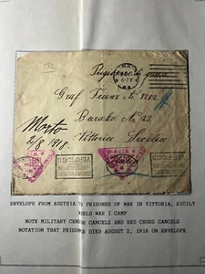 1918 Austria Prisoner of War POW Cover to Vittoria Sicily Italy Red Cross - Picture 1 of 2