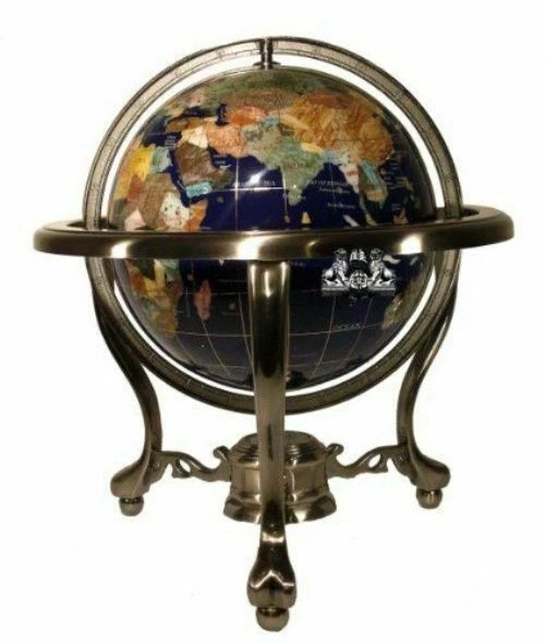 Unique 13 Inch World Globe Art Tall Table Top Blue Lapis Ocean GEMSTONE Any Room
