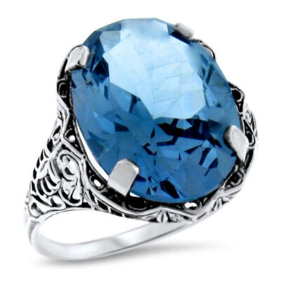 ANILLO GRUESO ESTILO ANTIGUO PLATA ESTERLINA 925 10 Ct SIM AGUAMARINA TALLA 5 #939 Foto 1 de 3