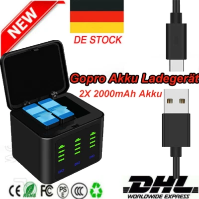 MARKENLOS 2× 2000mAh Akku batterie+ 3-Kanal Batterie Ladegerät Für GoPro Hero 9 10 11 12