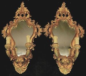 Pair Lg Vintage Regency Italian Gilt Florentine Carved Wood Mirror Wall Sconces 