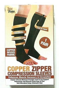 Copper Zipper Compression Sleeve Total Vision Foot & Leg Support Open Toe Unisex - Picture 1 of 7