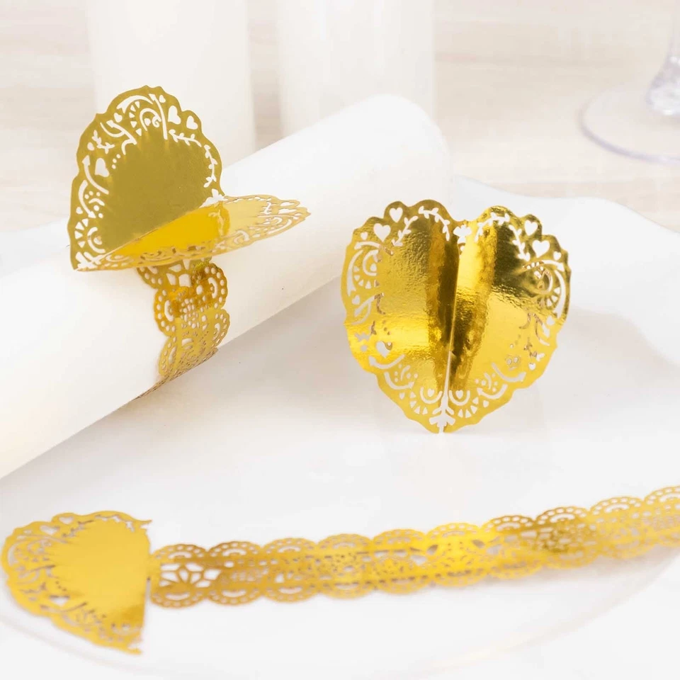 12 GOLD Shimmery Laser Cut Heart Paper Napkin Rings with Lace Pattern Wedding - Изображение 1 из 4