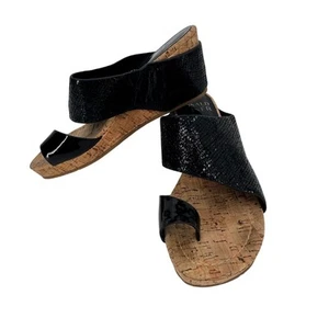 Donald Pliner Sandals Womens 6 M Gretta Black Embossed Leather Cork Wedge - Picture 1 of 12