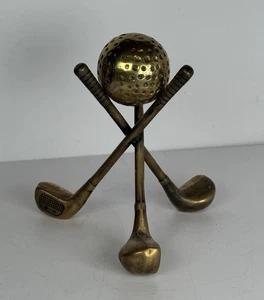 Solid Brass Golf Ball And Crossed Clubs Figurine Paperweight VTG 5 In MCM - Picture 1 of 8