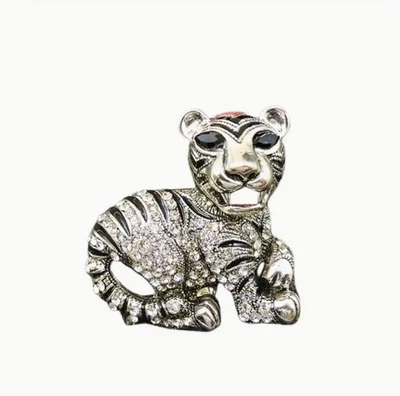 Betsey Johnson Brooch Tiger Black & White Crystals Silver Tone  - Image 1 of 2