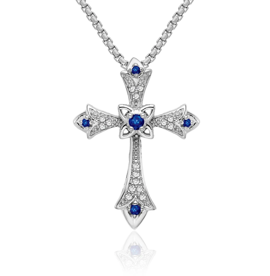 10K Solid White Gold Blue Sapphire Diamond Fleur De Lis Cross Floating Chain ... - Image 1 of 1