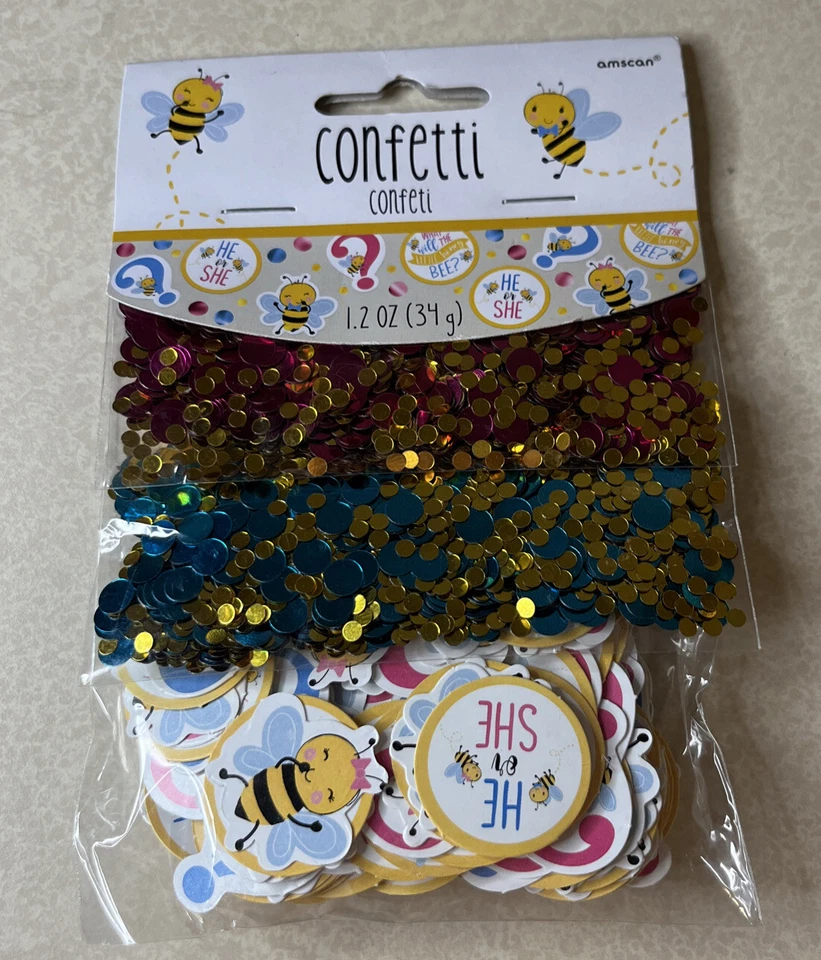 Confeti He Or She Gender Reveal azul rosa dorado abejas paquete triple de confeti 1,2 OZ Foto 1 de 4
