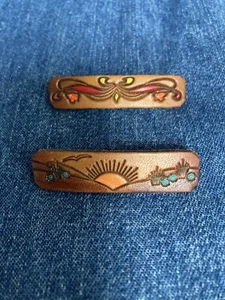 Vintage Leather Hair Barrettes Lot of 2 Cowgirl Western Sunset Flower Bird - Picture 1 of 7