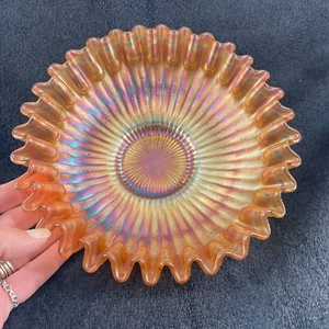Vintage Carninval Glass Stippled Rays Bowl Ruffled Ribbon Fenton Glass - Picture 1 of 17