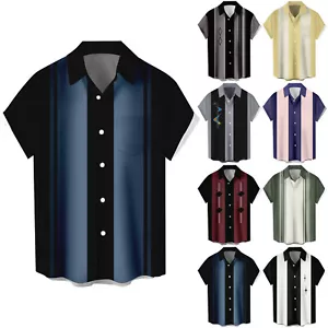 Men Bowling Shirt Vintage Hawaiian Shirt Button Down Short Sleeve Beach Shirts - Picture 1 of 29