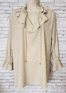 Michael Kors Womens Large Striped Tunic Top Tie Ruffle Blouse Gold Foil Detail - Picture 1 of 11