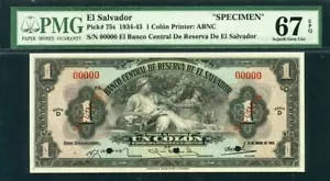 El Salvador 1934-1943 1 Colon P75s Specimen PMG 67 EPQ Superb GEM UNC - Picture 1 of 2
