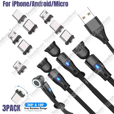 3PACK Rotate Magnetic Phone Cable Micro USB Type C Charger 3A For iPhone Samsung - Image 1 of 4