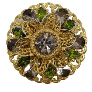 Vintage Brooch 2" Flower Shape Center With Purple And Green Rhinestones - Picture 1 of 5