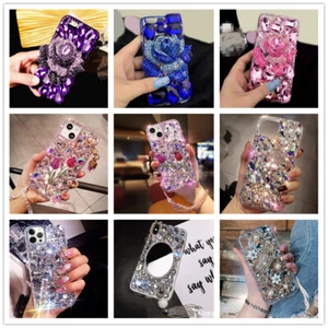 Girly Bling Glitter Rhinestone Diamond Shockproof TPU Back Wristlet Phone Case - Picture 1 of 29