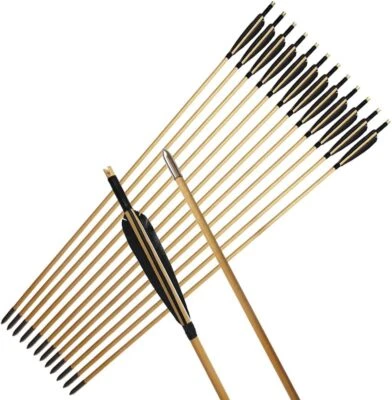 12Pcs 33" Wooden Arrow LongBow Hunting Red Lightning Turkey Feather Fletching - Image 1 of 4