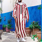 Male Casual Robe Muslim Hooded Thobe Long Striped Mens Tall Shirts Button Down