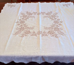Vintage Beautiful Cross Stitched Cream Linen Tablecloth 47" Square Wavy Edge - Picture 1 of 7