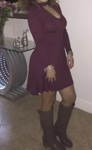 Abito da donna Express taglia XS borgogna finto collo ritagliato manica lunga swing casual - Foto 1 di 6