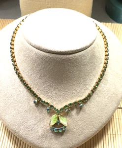Vintage Necklace Rhinestone Carved Leaf Gold Tone Green AB Choker Lot 40 - Picture 1 of 3