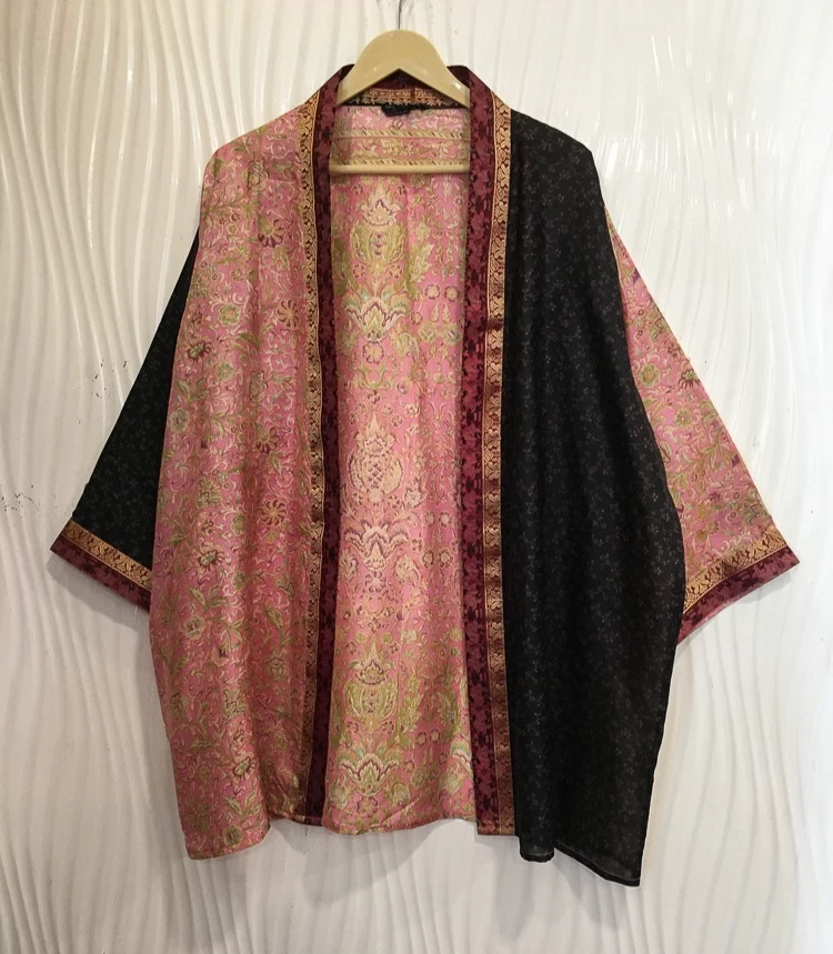 Jaqueta cardigã curta de seda pura quimono espanador capa roupão solto rosa-preto KMS3715 - Imagem 1 de 4