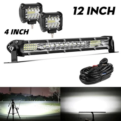 Combo de barra de luz LED 12"450W + Kit de cápsulas de 4" para camioneta Jeep SUV ATV 4x4 + Kit de cableado Foto 1 de 4