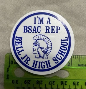 Vintage Plastic Pin Button Bell Jr High Middle School San Diego I'm a BSAC Rep - Imagen 1 de 2