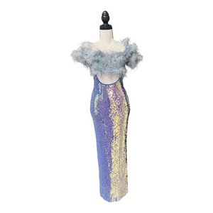 Queen Mania Sequin Feather Gown S Iridescent Prom Dress Peak-a-Boo Glam - Picture 1 of 10